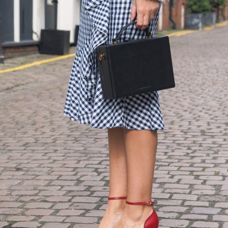 Checked Skirt red heels outfit