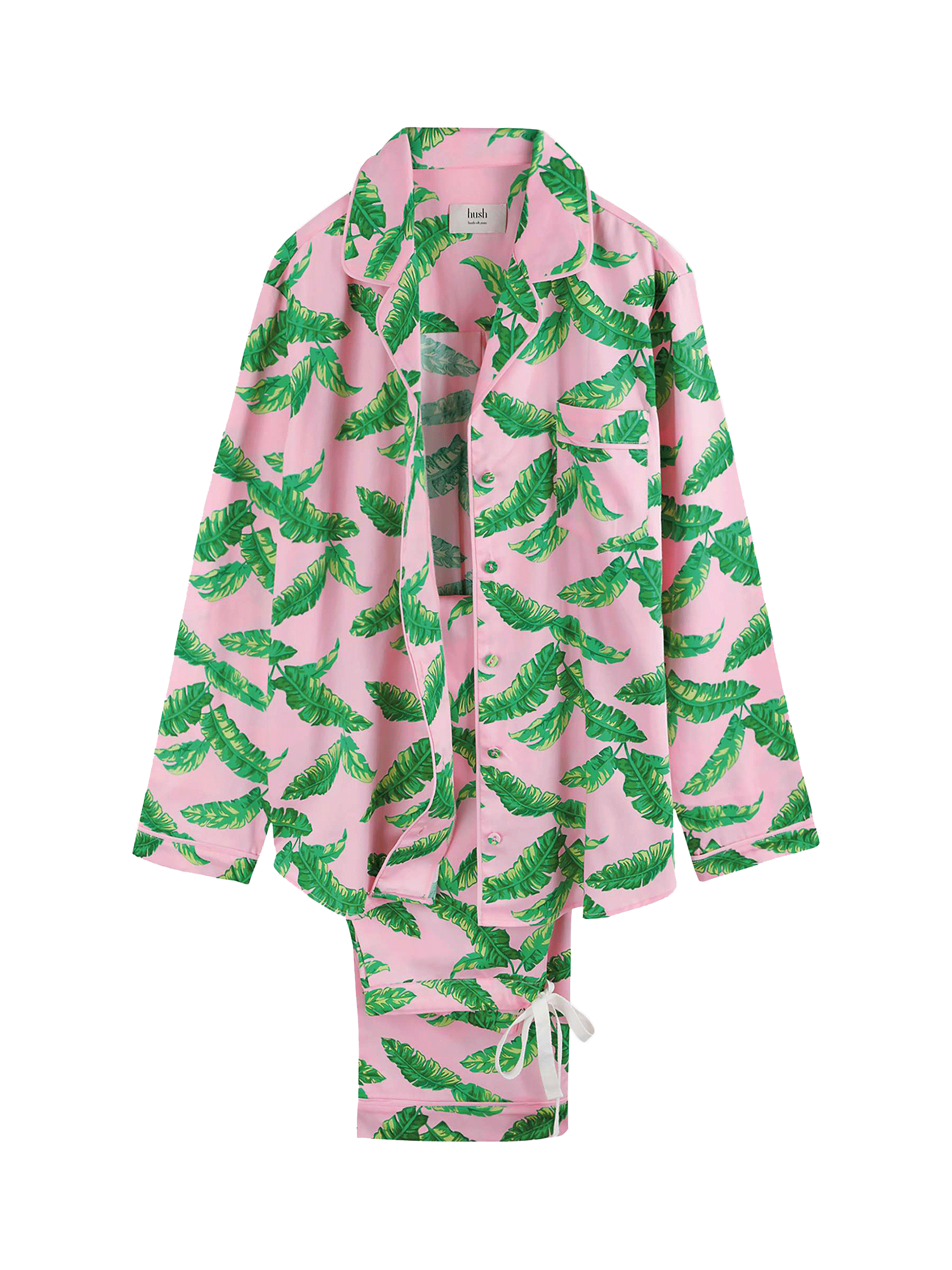 Pink Hush pyjamas with green leaf patterns.